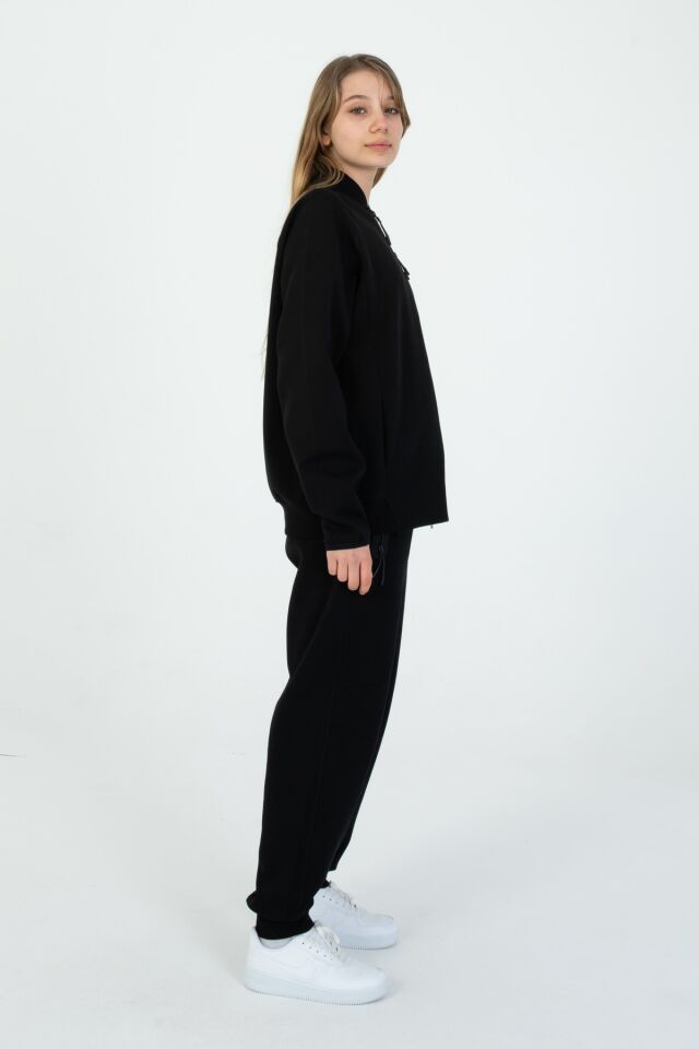 Kız/Erkek Çocuk Ayarlanabilir Bel Fermuarlı Baskılı Eşofman Takım SİYAH - 11-12 Yaş