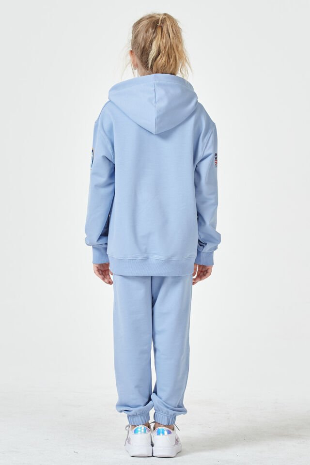 Kız Çocuk Şardonsuz 2 İplik Baskılı Kapüşonlu Spor Eşofman Takımı – Normal Kalıp MAVİ - 3-4 Yaş