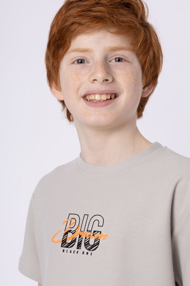 %100 PAMUKLU PETEK KUMAŞTAN TERLETMEYEN BASKILI CEP DETAYLI ERKEK ÇOCUK YAZLIK BİSİKLET YAKA T-SHIRT 8-9 Yaş - BOYAMA GRİ