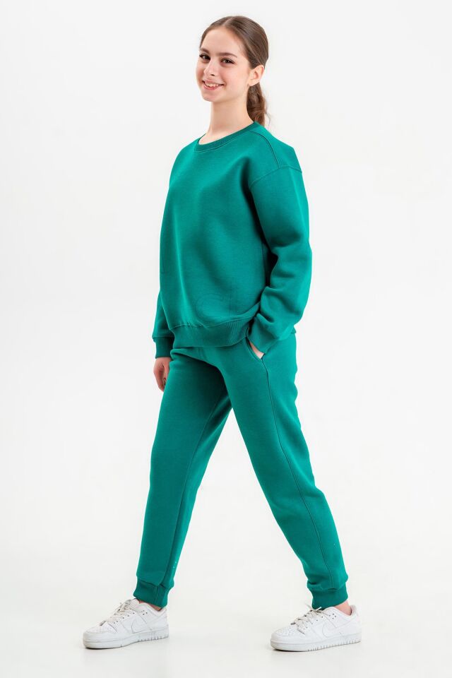 Bisiklet Yaka Üç İplilk Kalın Kumaştan Unisex Çocuk Eşofman Takım BENETTON YEŞİL - 9-10 Yaş