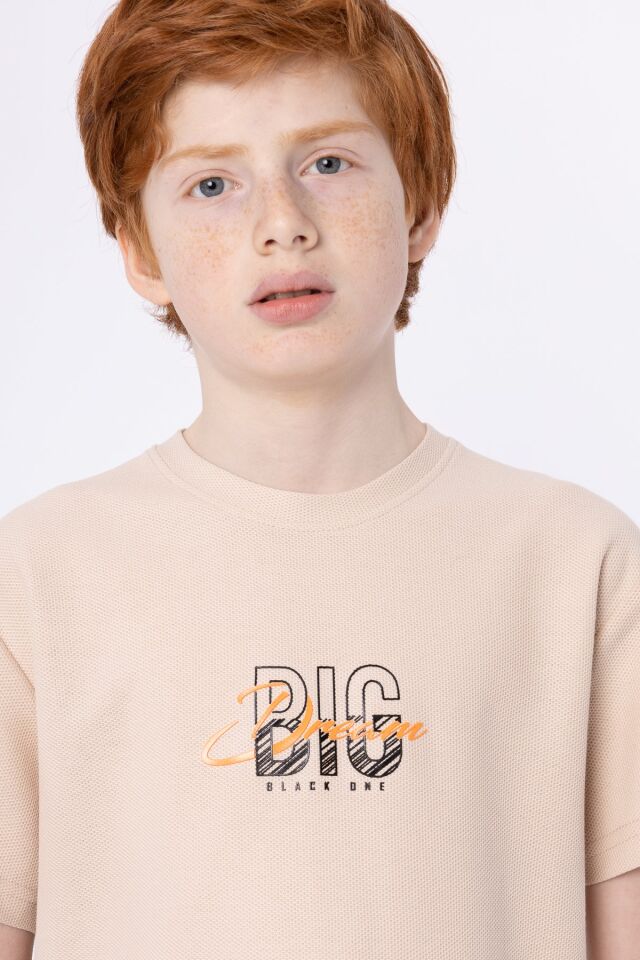 %100 PAMUKLU PETEK KUMAŞTAN TERLETMEYEN BASKILI CEP DETAYLI ERKEK ÇOCUK YAZLIK BİSİKLET YAKA T-SHIRT 8-9 Yaş - BEJ