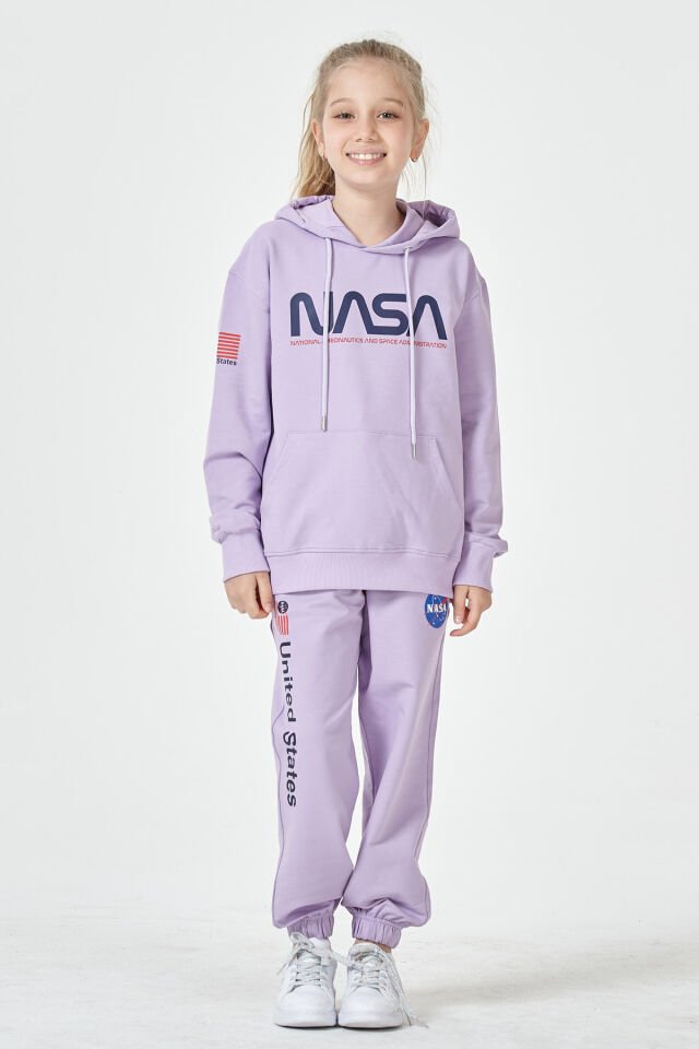 Kız Çocuk Şardonsuz 2 İplik Baskılı Kapüşonlu Spor Eşofman Takımı – Normal Kalıp LİLA - 2-3 Yaş