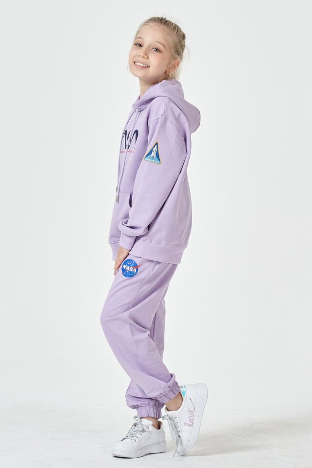 Kız Çocuk Şardonsuz 2 İplik Baskılı Kapüşonlu Spor Eşofman Takımı – Normal Kalıp LİLA - 2-3 Yaş