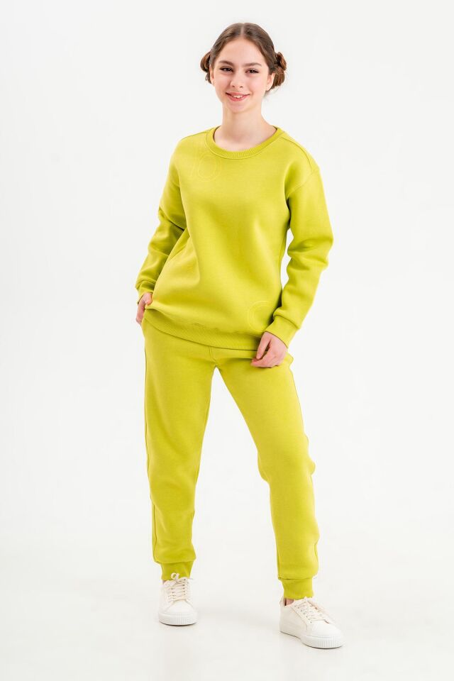 Bisiklet Yaka Üç İplilk Kalın Kumaştan Unisex Çocuk Eşofman Takım FISTIK YEŞİL - 8-9 Yaş