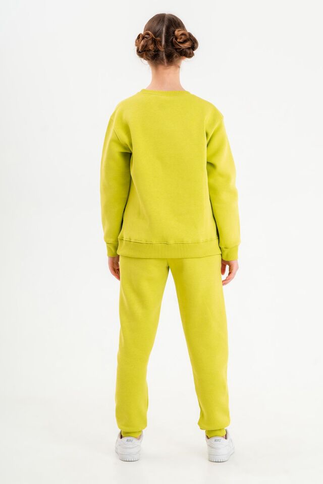Bisiklet Yaka Üç İplilk Kalın Kumaştan Unisex Çocuk Eşofman Takım FISTIK YEŞİL - 8-9 Yaş