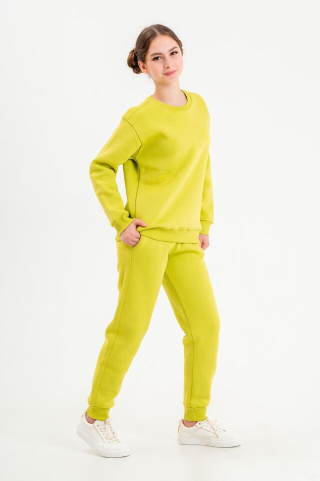 Bisiklet Yaka Üç İplilk Kalın Kumaştan Unisex Çocuk Eşofman Takım FISTIK YEŞİL - 9-10 Yaş
