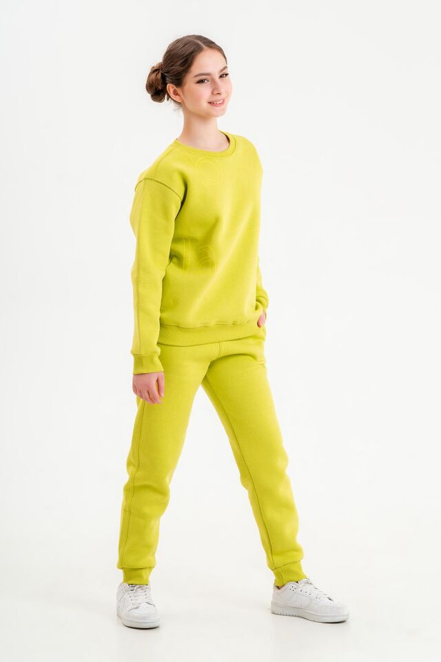 Bisiklet Yaka Üç İplilk Kalın Kumaştan Unisex Çocuk Eşofman Takım FISTIK YEŞİL - 9-10 Yaş