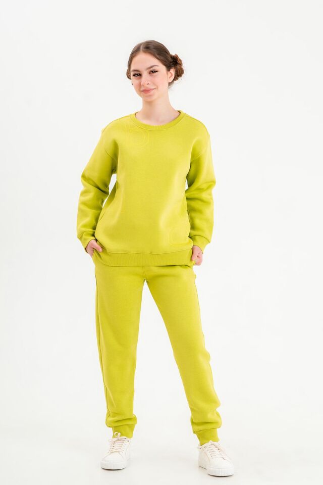 Bisiklet Yaka Üç İplilk Kalın Kumaştan Unisex Çocuk Eşofman Takım FISTIK YEŞİL - 11-12 Yaş