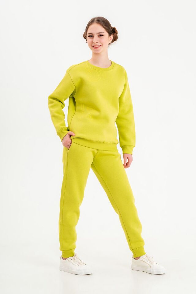 Bisiklet Yaka Üç İplilk Kalın Kumaştan Unisex Çocuk Eşofman Takım FISTIK YEŞİL - 11-12 Yaş