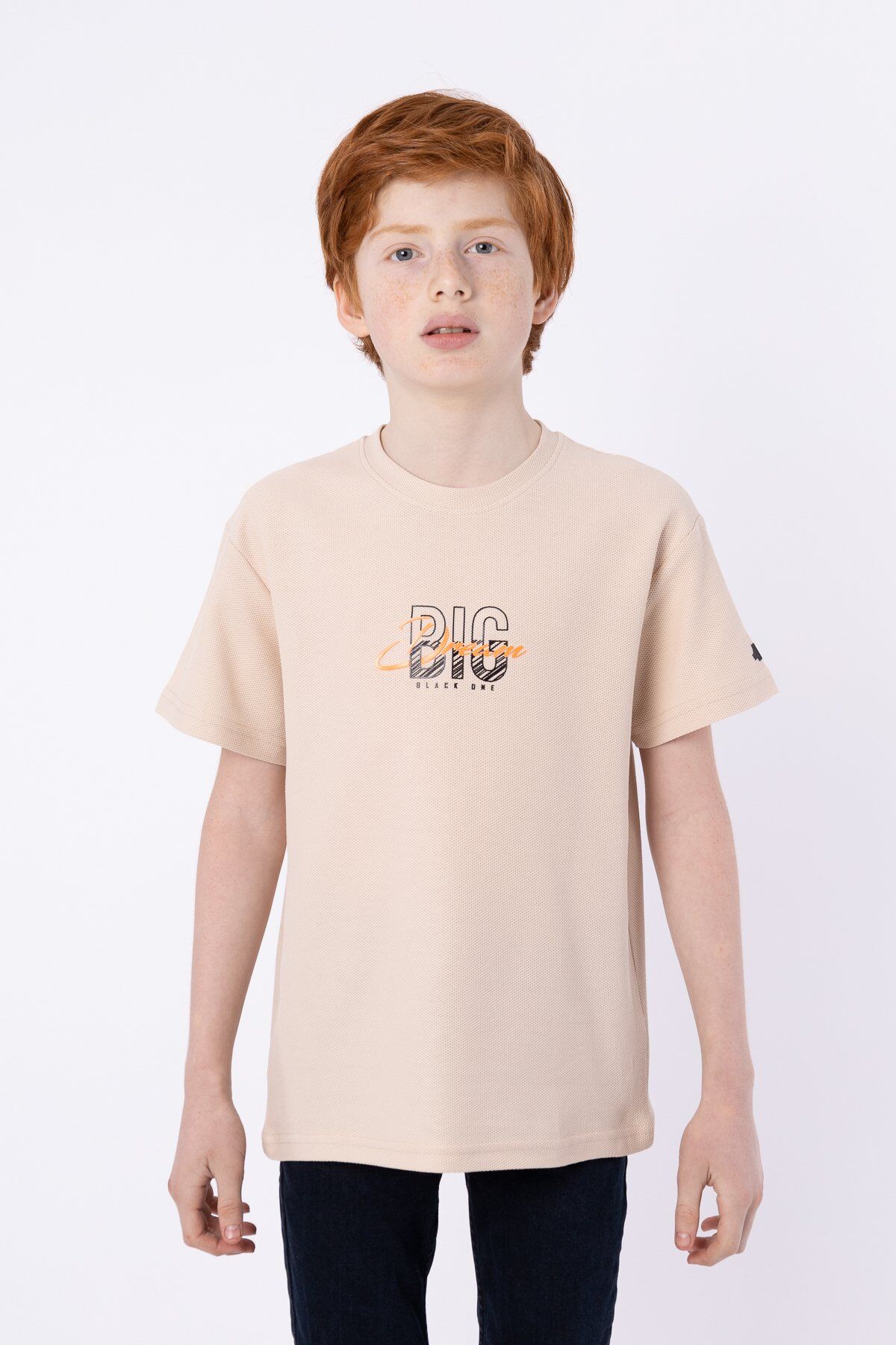 %100 PAMUKLU PETEK KUMAŞTAN TERLETMEYEN BASKILI CEP DETAYLI ERKEK ÇOCUK YAZLIK BİSİKLET YAKA T-SHIRT 9-10 Yaş - BEJ