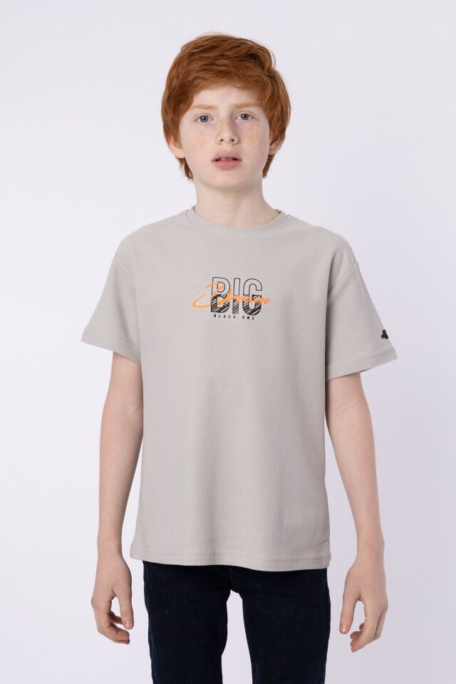 %100 PAMUKLU PETEK KUMAŞTAN TERLETMEYEN BASKILI CEP DETAYLI ERKEK ÇOCUK YAZLIK BİSİKLET YAKA T-SHIRT 10-11 Yaş - BOYAMA GRİ