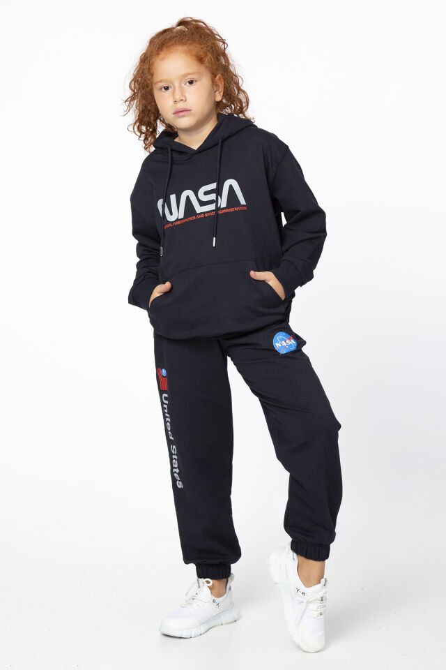 Kız Çocuk Şardonsuz 2 İplik Baskılı Kapüşonlu Spor Eşofman Takımı – Normal Kalıp