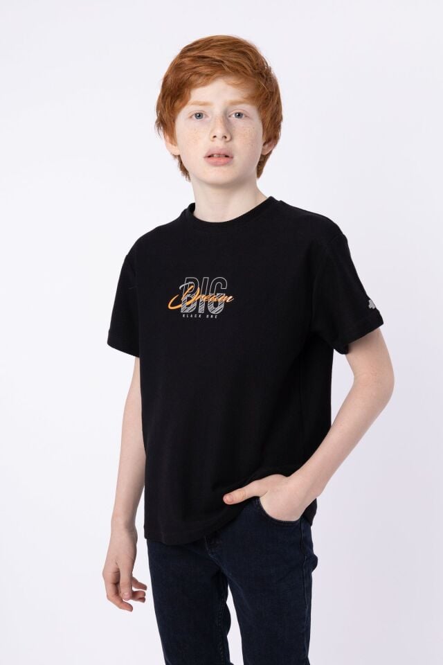 %100 PAMUKLU PETEK KUMAŞTAN TERLETMEYEN BASKILI CEP DETAYLI ERKEK ÇOCUK YAZLIK BİSİKLET YAKA T-SHIRT 8-9 Yaş - SİYAH