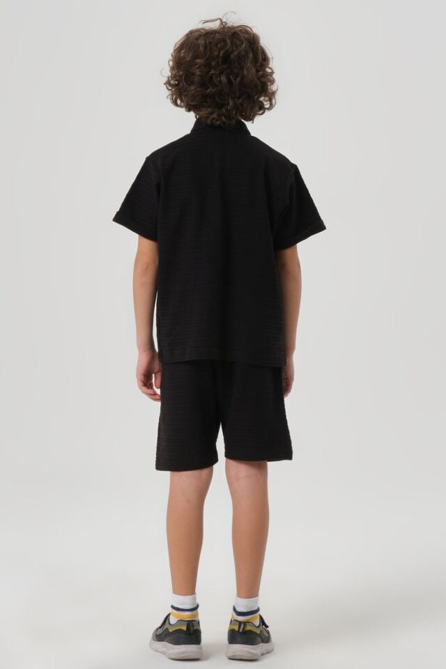 Çizgili Petek Kumaş Gömlek Düğme Detaylı Erkek Çocuk Alt Üst Takım