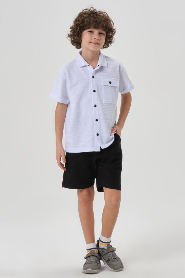 Çizgili Petek Kumaş Gömlek Düğme Detaylı Erkek Çocuk Alt Üst Takım