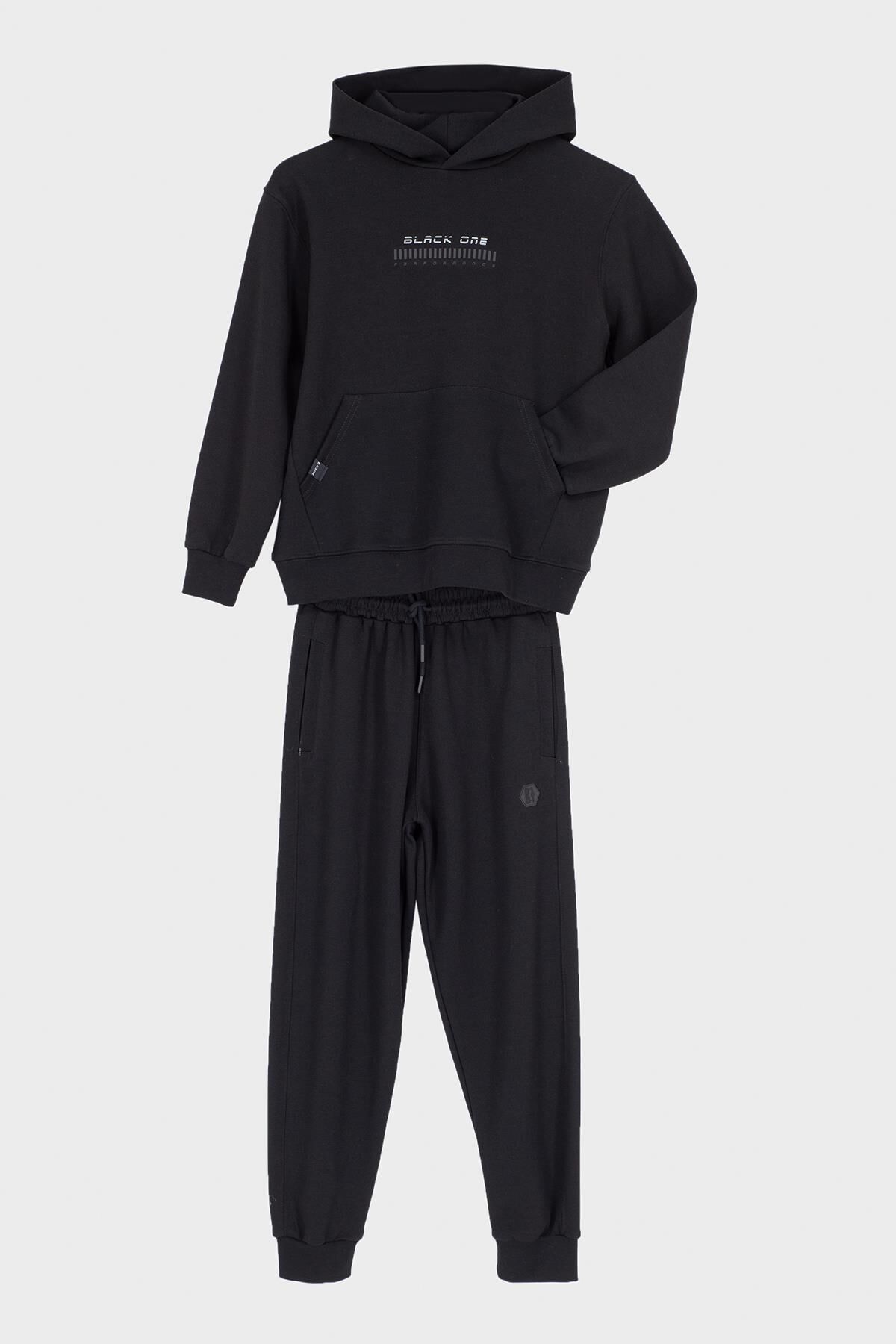 8-15 Yaş Erkek Çocuk Kapüşonlu Günlük Spor Takım – Black One