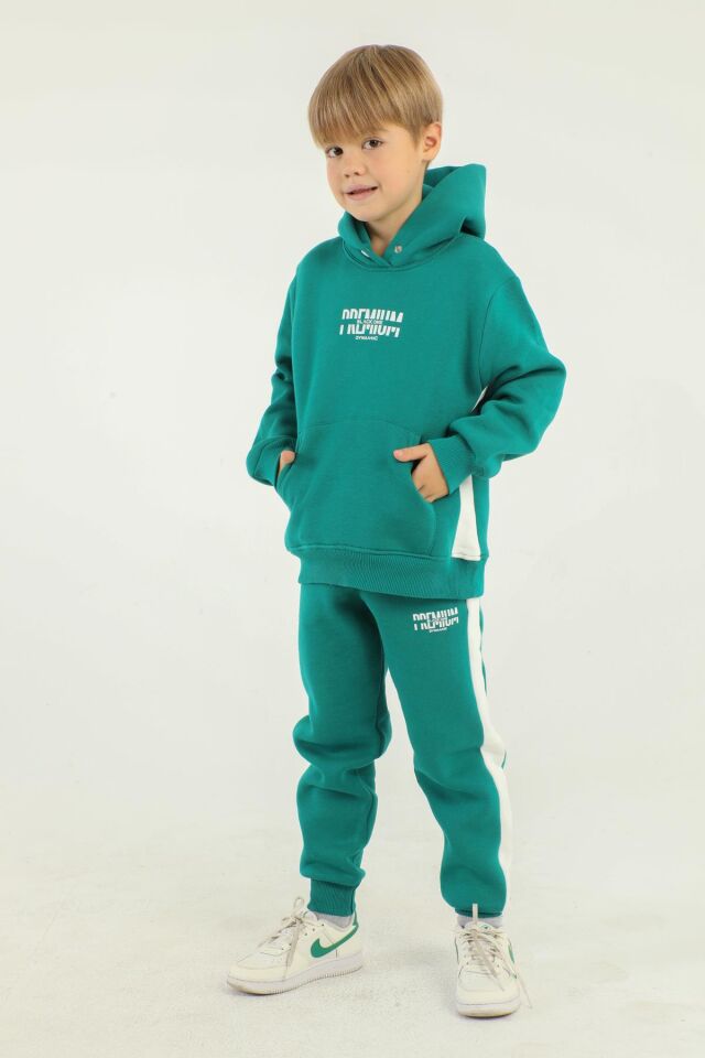 Kapüşonlu Kargo Cepli Baskı Detaylı Erkek Çocuk Eşofman Takımı BENETTON YEŞİL - 2-3 Yaş