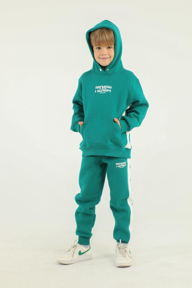 Kapüşonlu Kargo Cepli Baskı Detaylı Erkek Çocuk Eşofman Takımı BENETTON YEŞİL - 2-3 Yaş