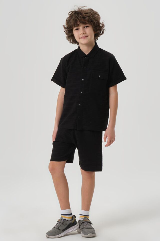 Çizgili Petek Kumaş Gömlek Düğme Detaylı Erkek Çocuk Alt Üst Takım SİYAH - 2-3 Yaş