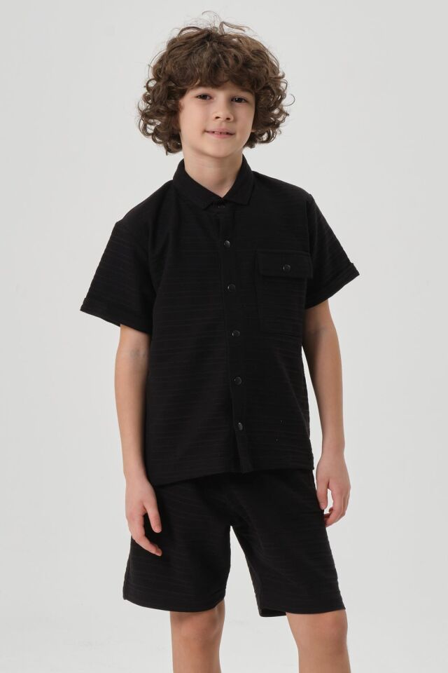 Çizgili Petek Kumaş Gömlek Düğme Detaylı Erkek Çocuk Alt Üst Takım SİYAH - 2-3 Yaş