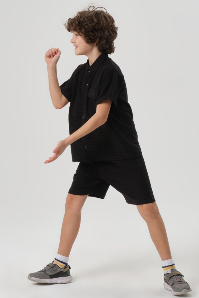 Çizgili Petek Kumaş Gömlek Düğme Detaylı Erkek Çocuk Alt Üst Takım SİYAH - 2-3 Yaş