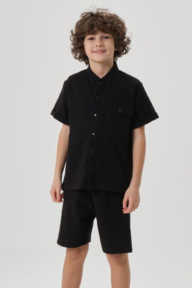 Çizgili Petek Kumaş Gömlek Düğme Detaylı Erkek Çocuk Alt Üst Takım SİYAH - 2-3 Yaş