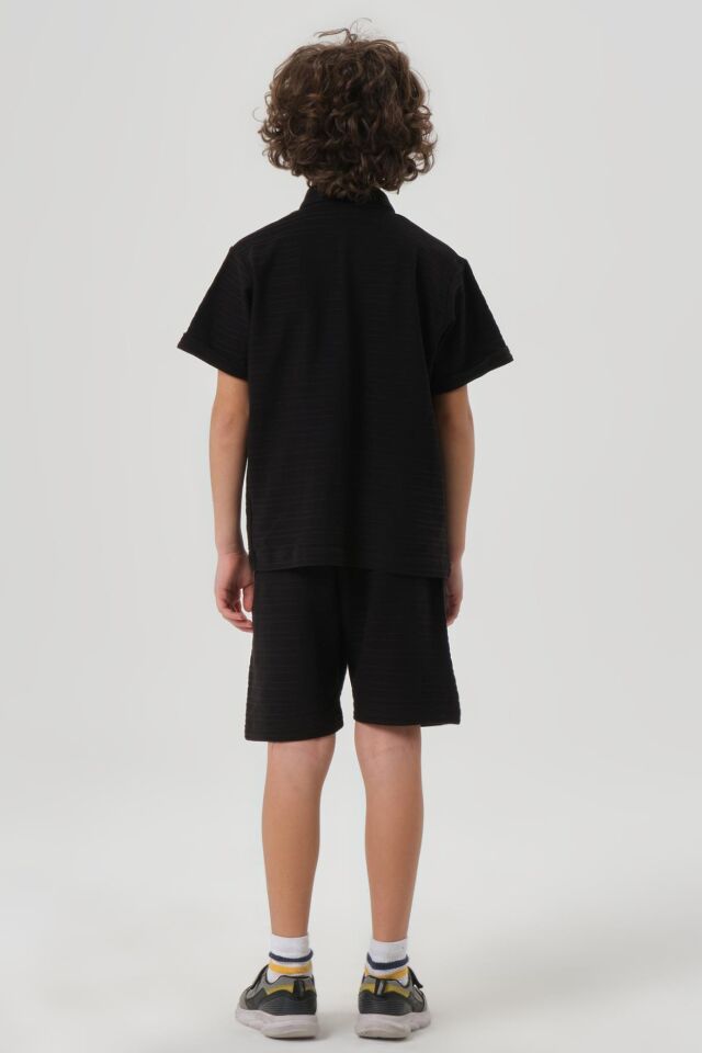 Çizgili Petek Kumaş Gömlek Düğme Detaylı Erkek Çocuk Alt Üst Takım SİYAH - 2-3 Yaş