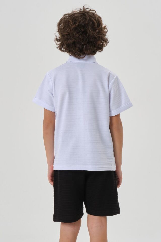 Çizgili Petek Kumaş Gömlek Düğme Detaylı Erkek Çocuk Alt Üst Takım BEYAZ - 2-3 Yaş