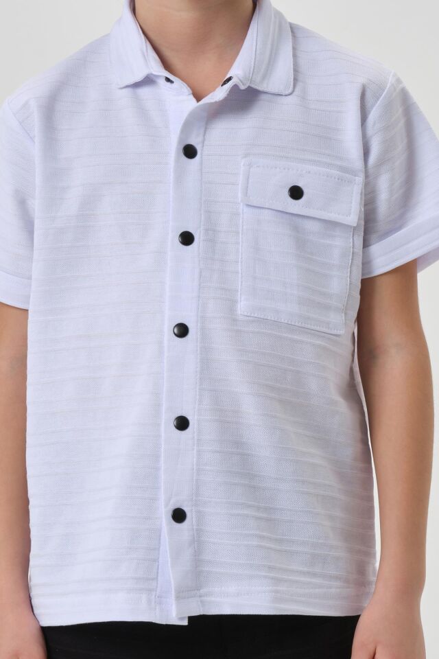 Çizgili Petek Kumaş Gömlek Düğme Detaylı Erkek Çocuk Alt Üst Takım BEYAZ - 2-3 Yaş