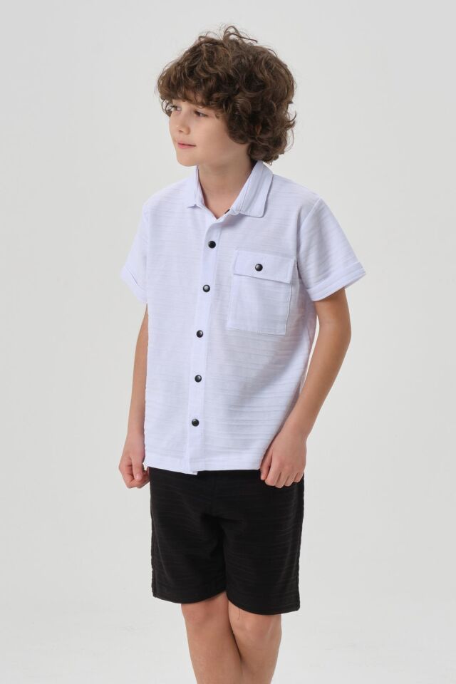 Çizgili Petek Kumaş Gömlek Düğme Detaylı Erkek Çocuk Alt Üst Takım BEYAZ - 2-3 Yaş