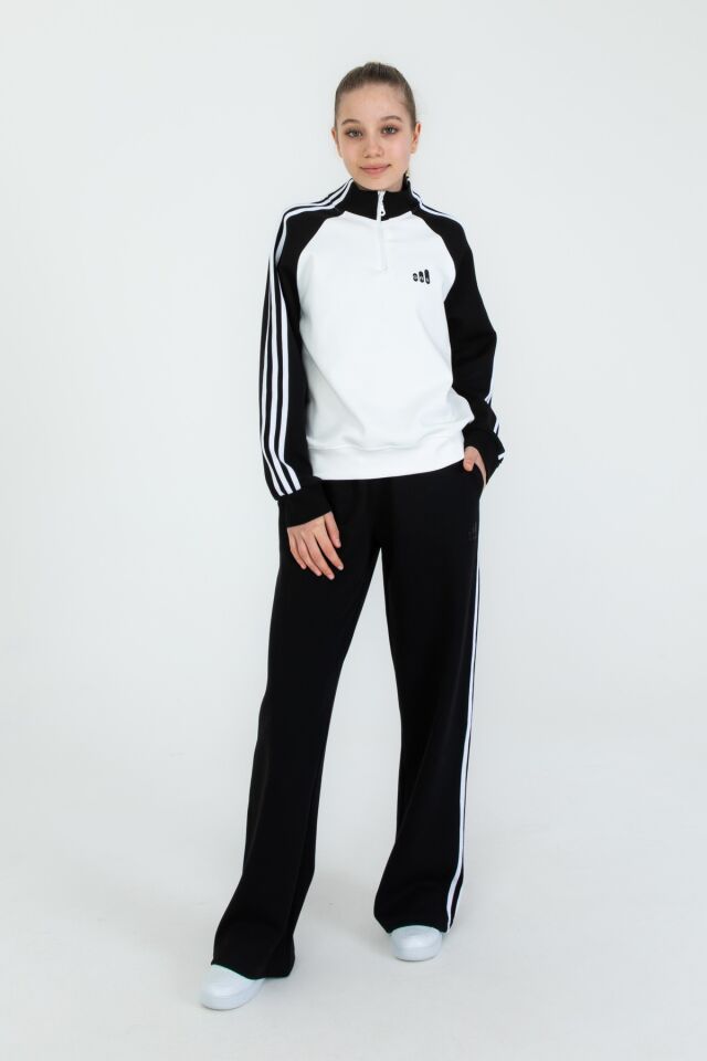 Kız Çocuk Yarım Fermuarlı Üst + Bol Paça Eşofman Takımı – Rahat Kalıp –  Likralı Pike Kumaş 2’li Set