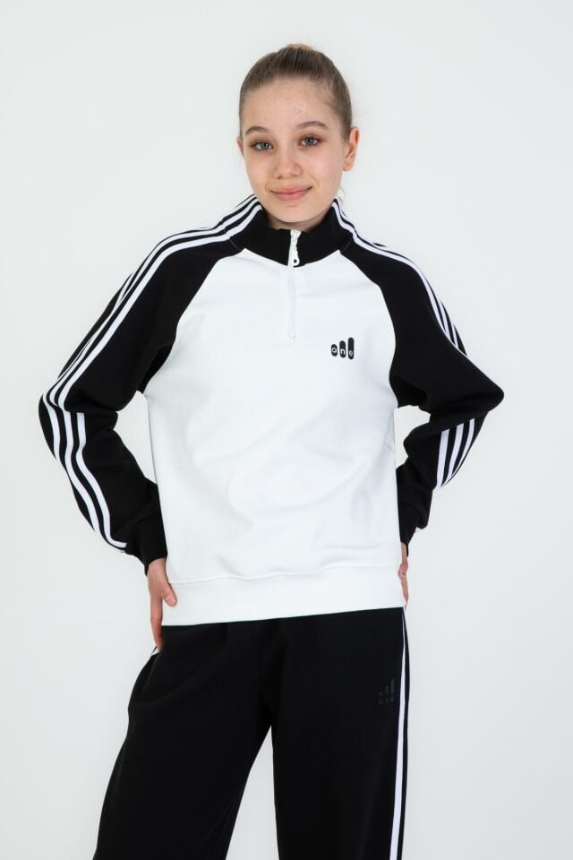 Kız Çocuk Yarım Fermuarlı Üst + Bol Paça Eşofman Takımı – Rahat Kalıp –  Likralı Pike Kumaş 2’li Set