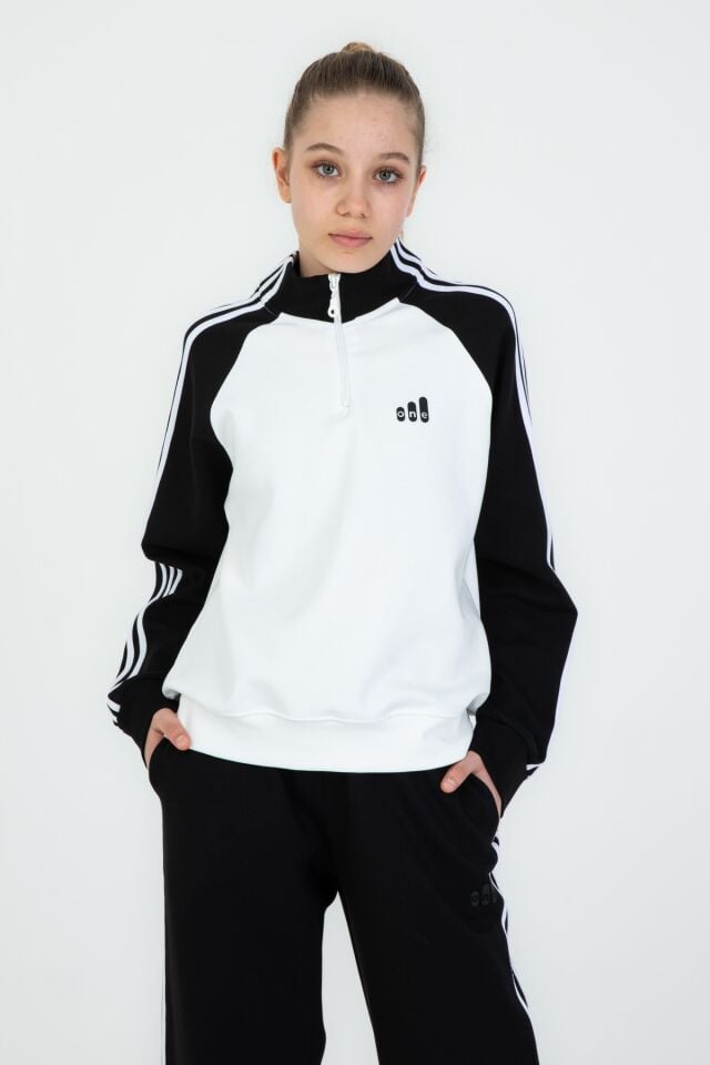 Kız Çocuk Yarım Fermuarlı Üst + Bol Paça Eşofman Takımı – Rahat Kalıp –  Likralı Pike Kumaş 2’li Set