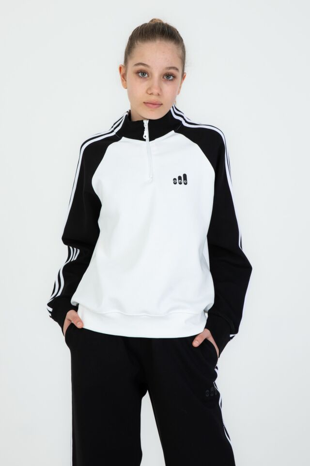 Kız Çocuk Yarım Fermuarlı Üst + Bol Paça Eşofman Takımı – Rahat Kalıp –  Likralı Pike Kumaş 2’li Set