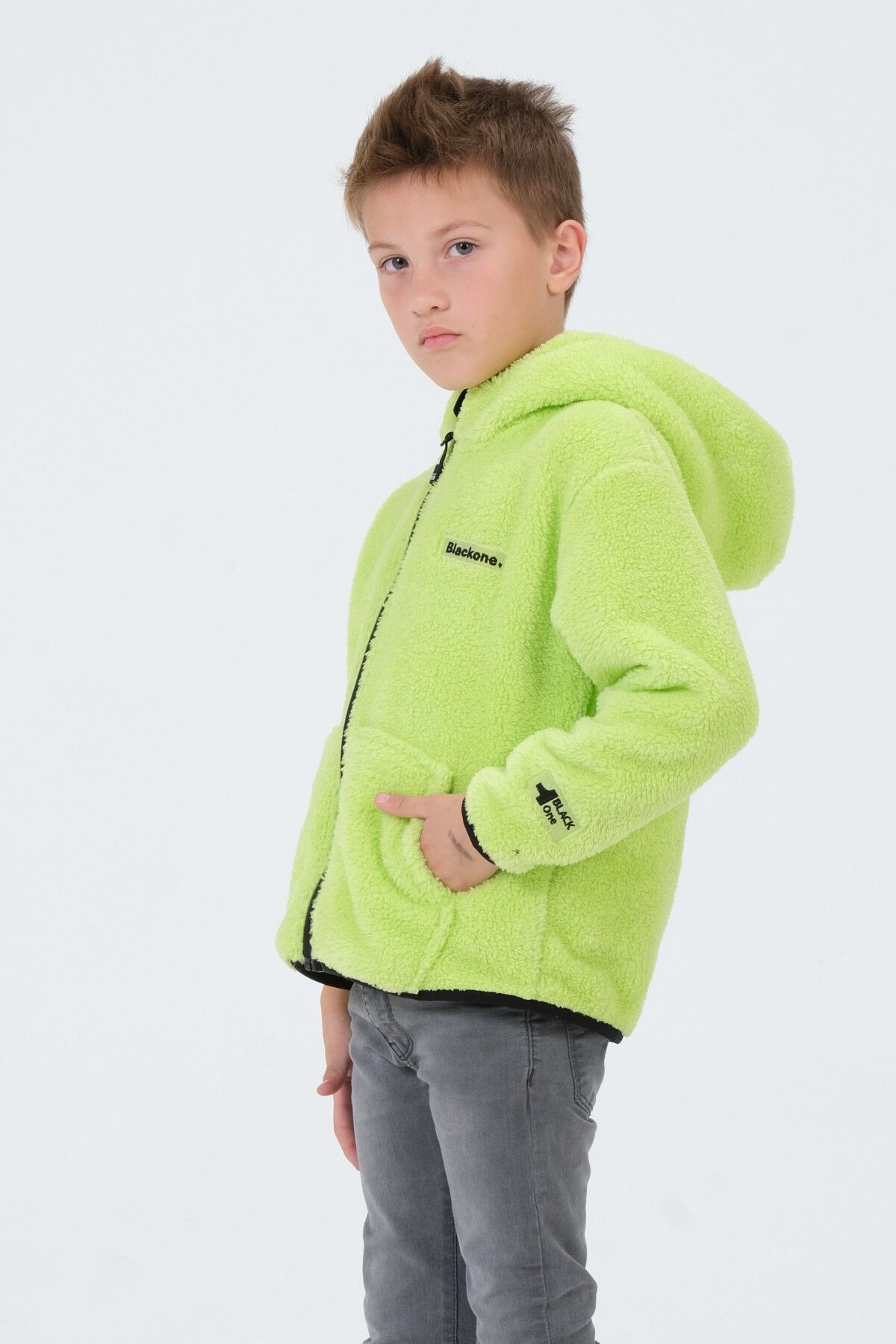 Nakış Detaylı Peluş Kapüşonlu Kargo Cepli Üst FISTIK YEŞİL - 3-4 Yaş