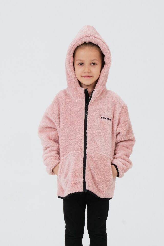 Nakış Detaylı Peluş Kapüşonlu Kargo Cepli Üst PEMBE - 2-3 Yaş