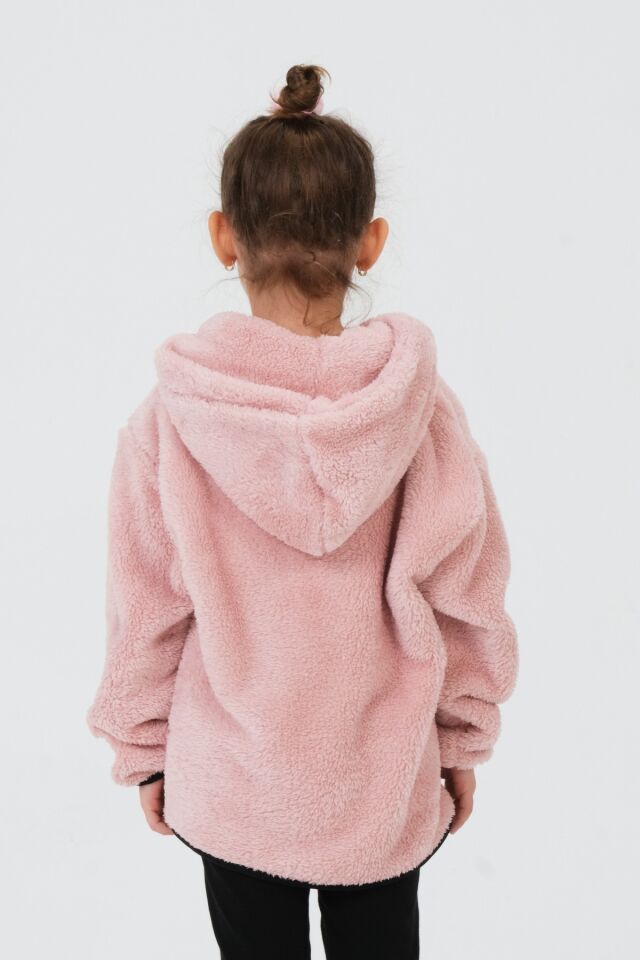 Nakış Detaylı Peluş Kapüşonlu Kargo Cepli Üst PEMBE - 2-3 Yaş