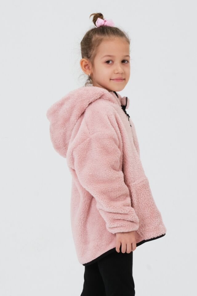 Nakış Detaylı Peluş Kapüşonlu Kargo Cepli Üst PEMBE - 2-3 Yaş