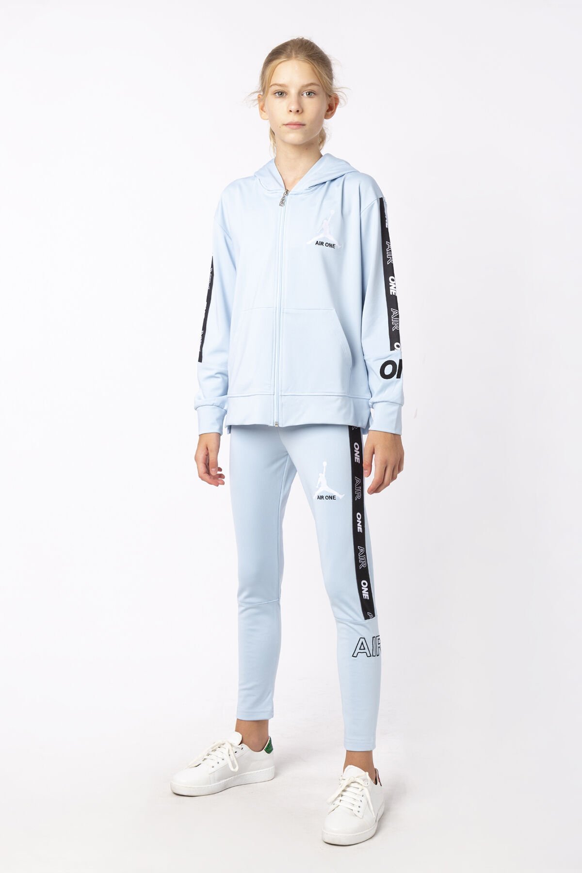 KIZ ÇOCUK ŞERİT DETAYLI BASKILI TAYT SWEAT TAKIMI