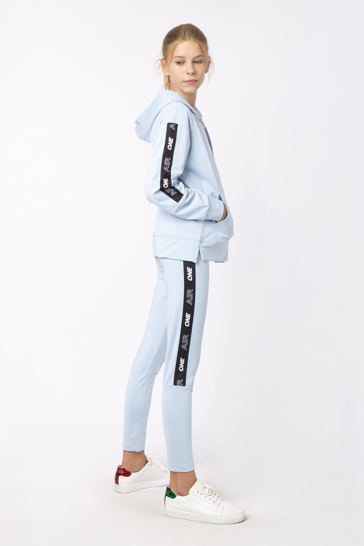 KIZ ÇOCUK ŞERİT DETAYLI BASKILI TAYT SWEAT TAKIMI