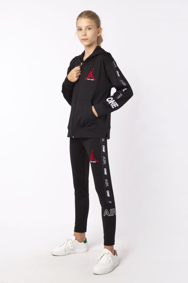 KIZ ÇOCUK ŞERİT DETAYLI BASKILI TAYT SWEAT TAKIMI