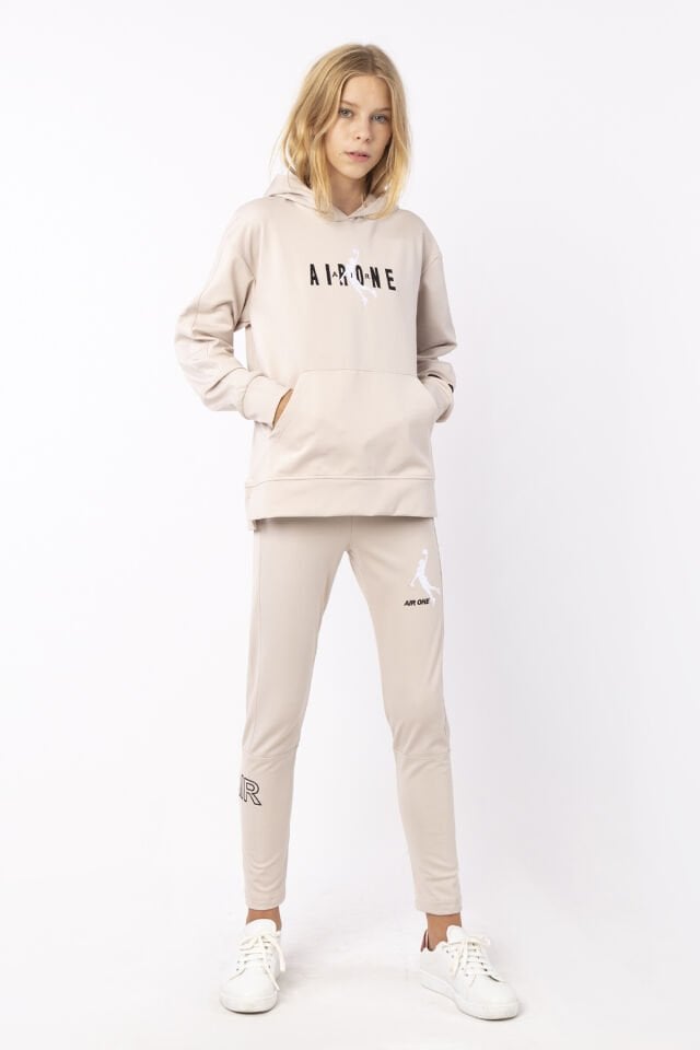 KIZ ÇOCUK KAPÜŞONLU BASKI DETAYLI TAYT SWEAT TAKIMI