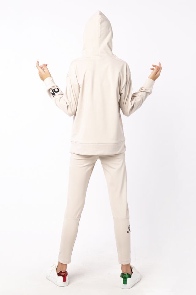 KIZ ÇOCUK KAPÜŞONLU BASKI DETAYLI TAYT SWEAT TAKIMI