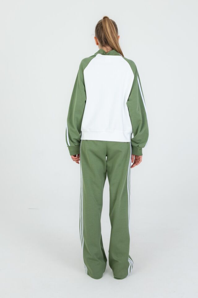 Kız Çocuk Yarım Fermuarlı Üst + Bol Paça Eşofman Takımı – Rahat Kalıp –  Likralı Pike Kumaş 2’li Set HAKİ - 10-11 Yaş