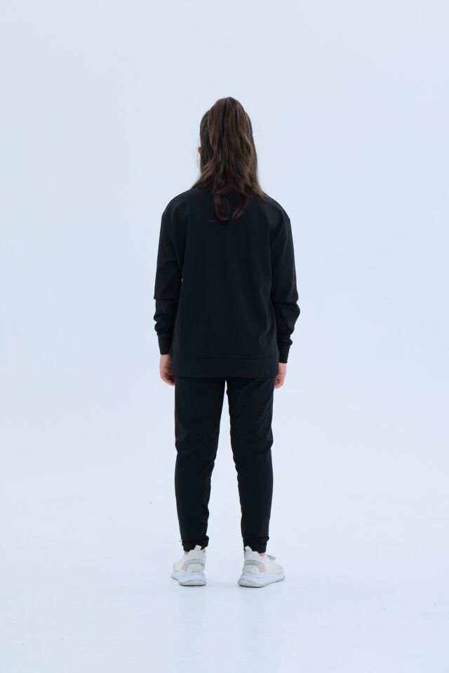 Black One Kız Çocuk Şerit Detaylı Salaş Sweat ve Tayt Spor Takım – Rahat Kesim, Yumuşak Kumaş KOYU SİYAH - 12-13 Yaş