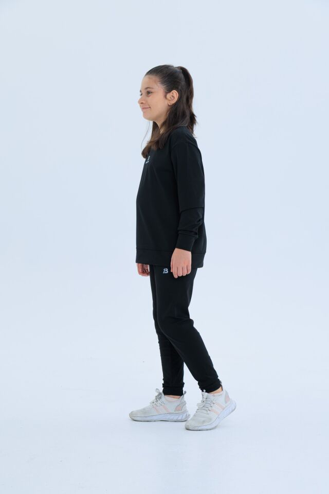 Black One Kız Çocuk Şerit Detaylı Salaş Sweat ve Tayt Spor Takım – Rahat Kesim, Yumuşak Kumaş KOYU SİYAH - 14-15 Yaş