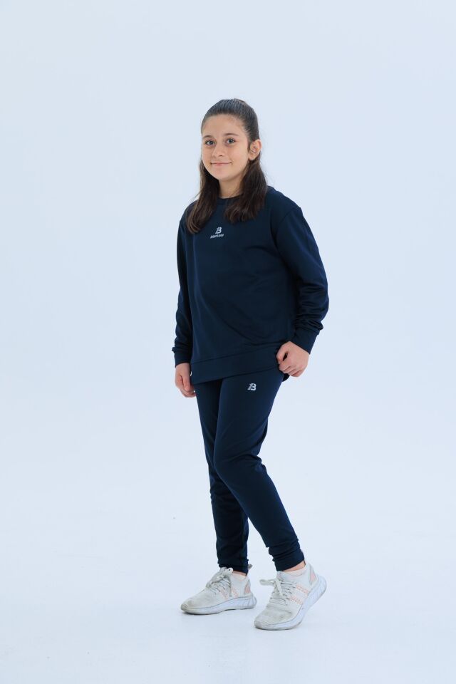Black One Kız Çocuk Şerit Detaylı Salaş Sweat ve Tayt Spor Takım – Rahat Kesim, Yumuşak Kumaş İNDİGO - 8-9 Yaş