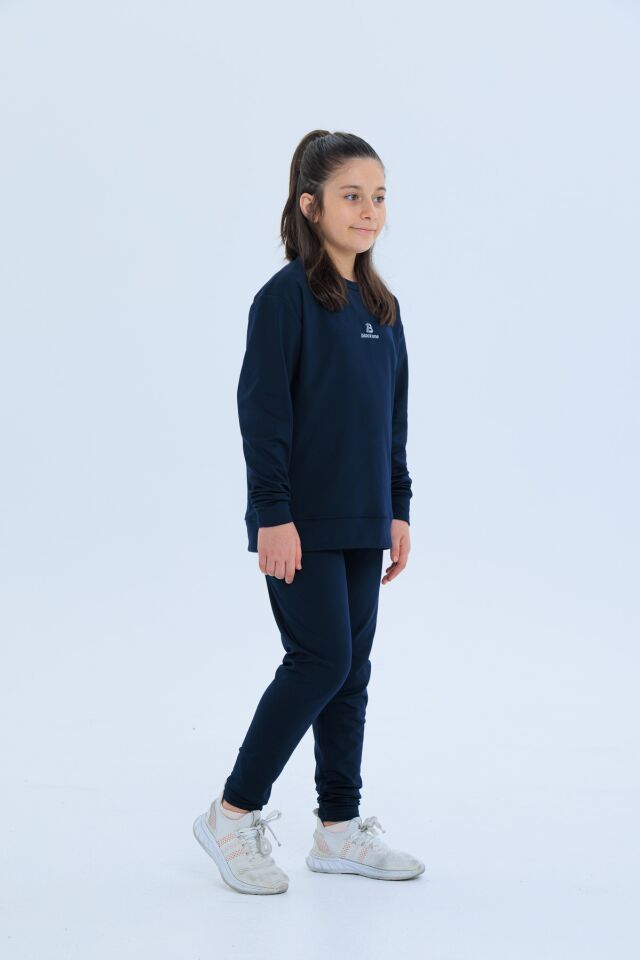 Black One Kız Çocuk Şerit Detaylı Salaş Sweat ve Tayt Spor Takım – Rahat Kesim, Yumuşak Kumaş İNDİGO - 8-9 Yaş