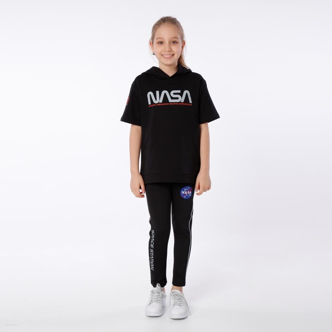 KIZ ÇOCUK NASA BASKILI KAPÜŞONLU T-SHIRT NAKIŞ DETAYLI TAYT