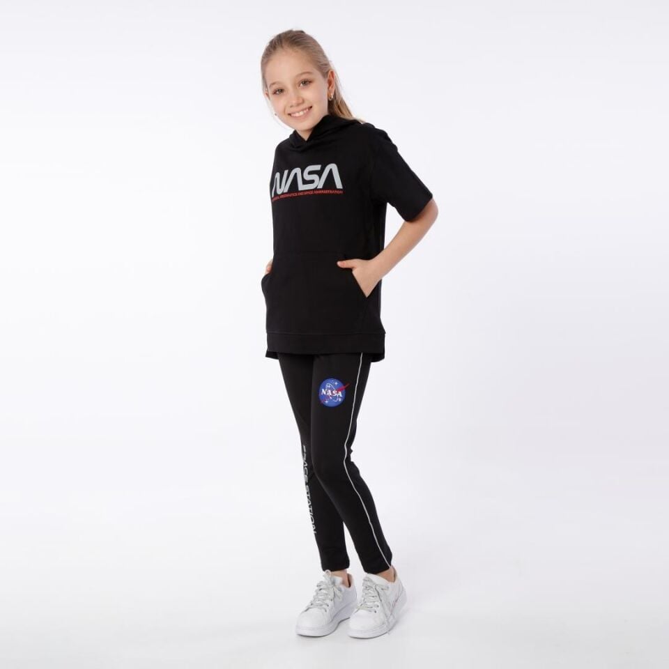 KIZ ÇOCUK NASA BASKILI KAPÜŞONLU T-SHIRT NAKIŞ DETAYLI TAYT